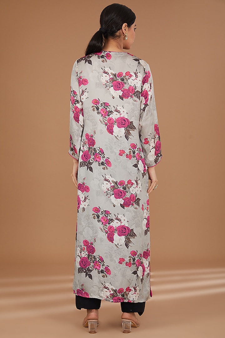 Grey & Pink Satin Floral Digital Printed & Stone Embellished Kurta by GENDAPHOOL at Pernia's Pop Up Shop