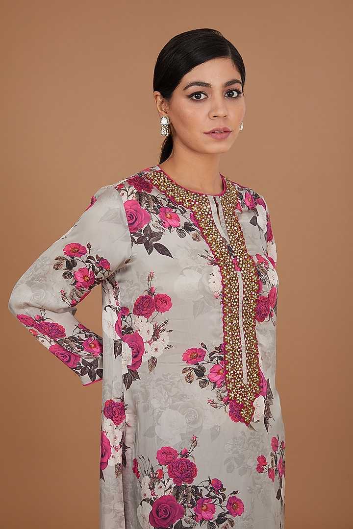 Grey & Pink Satin Floral Digital Printed & Stone Embellished Kurta by GENDAPHOOL at Pernia's Pop Up Shop