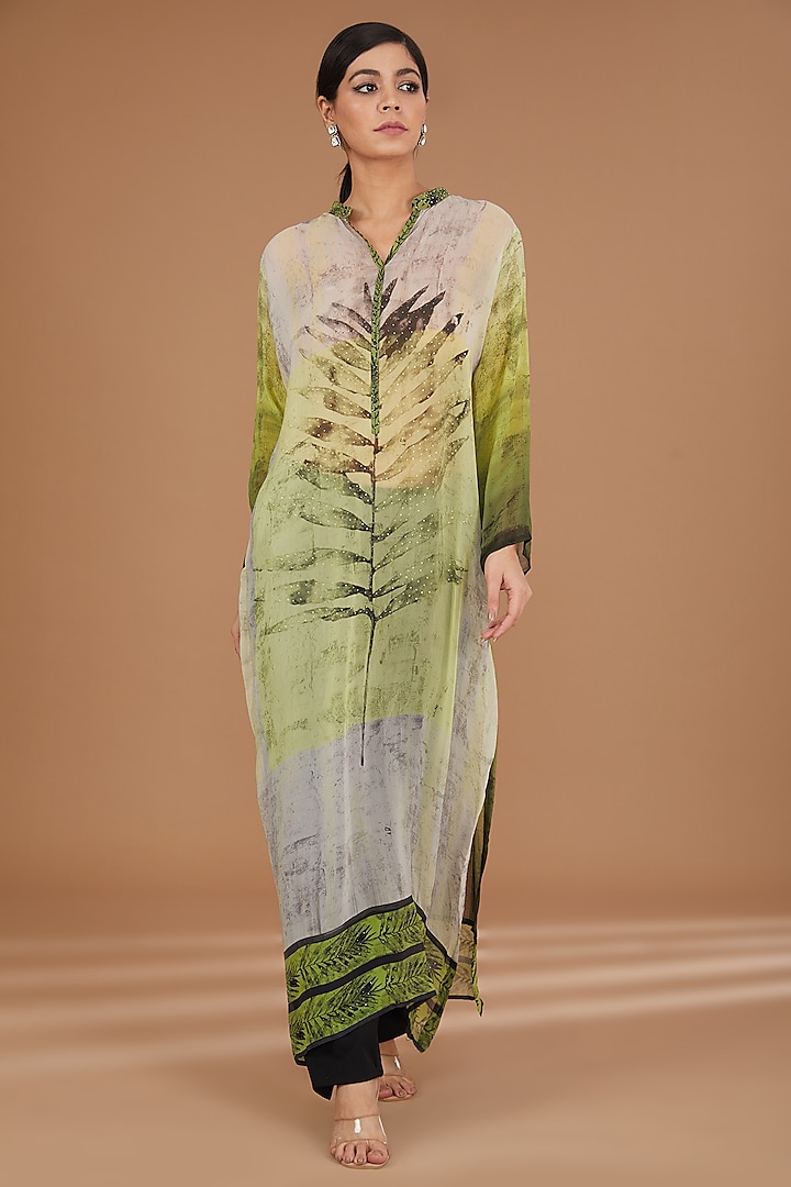 Green Georgette Digital Printed & Swarovski Embroidered Kurta by GENDAPHOOL