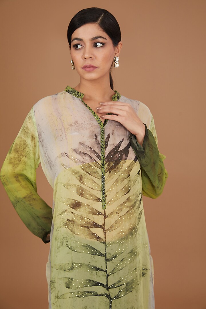 Green Georgette Digital Printed & Swarovski Embroidered Kurta by GENDAPHOOL at Pernia's Pop Up Shop