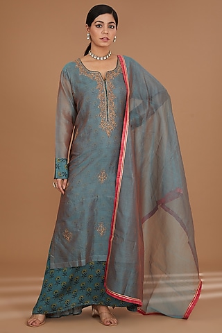 Blue Chanderi & Satin Dori Embroidered Layered Kurta With Dupatta by GENDAPHOOL