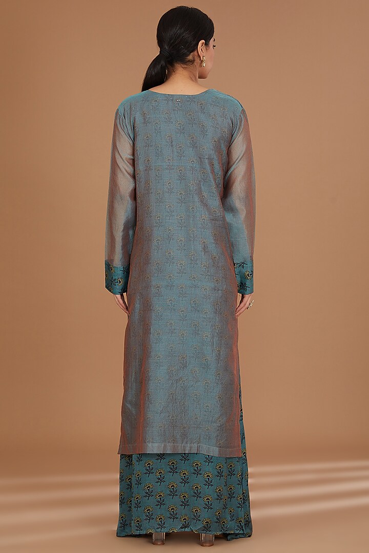 Blue Chanderi & Satin Dori Embroidered Layered Kurta With Dupatta by GENDAPHOOL at Pernia's Pop Up Shop