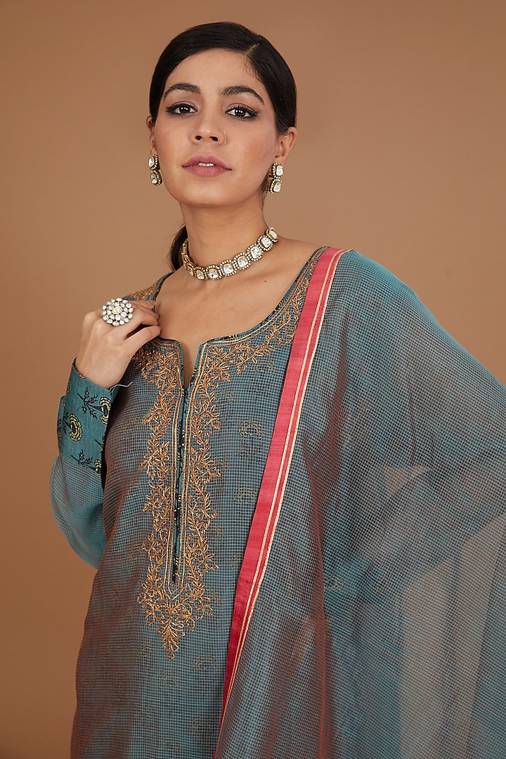 Blue Chanderi & Satin Dori Embroidered Layered Kurta With Dupatta by GENDAPHOOL at Pernia's Pop Up Shop