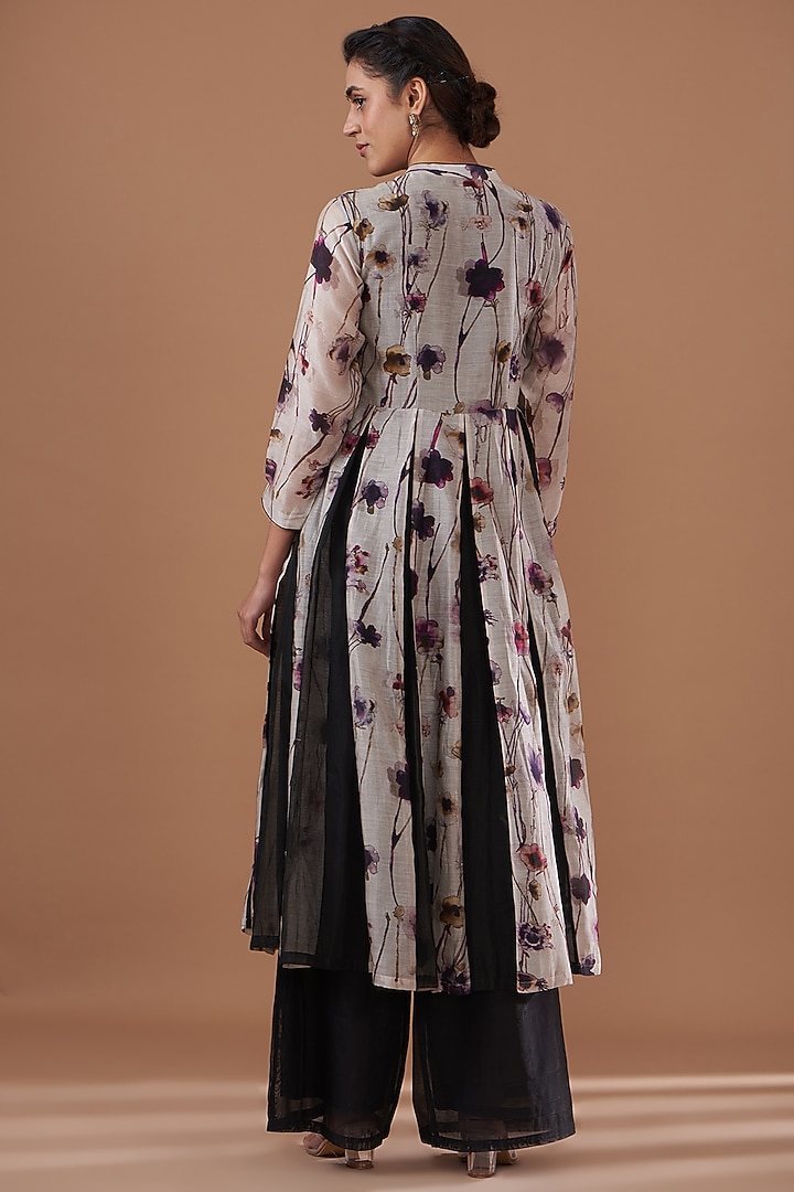 Ash Grey Chanderi Digital Printed Anarkali Set by GENDAPHOOL at Pernia's Pop Up Shop