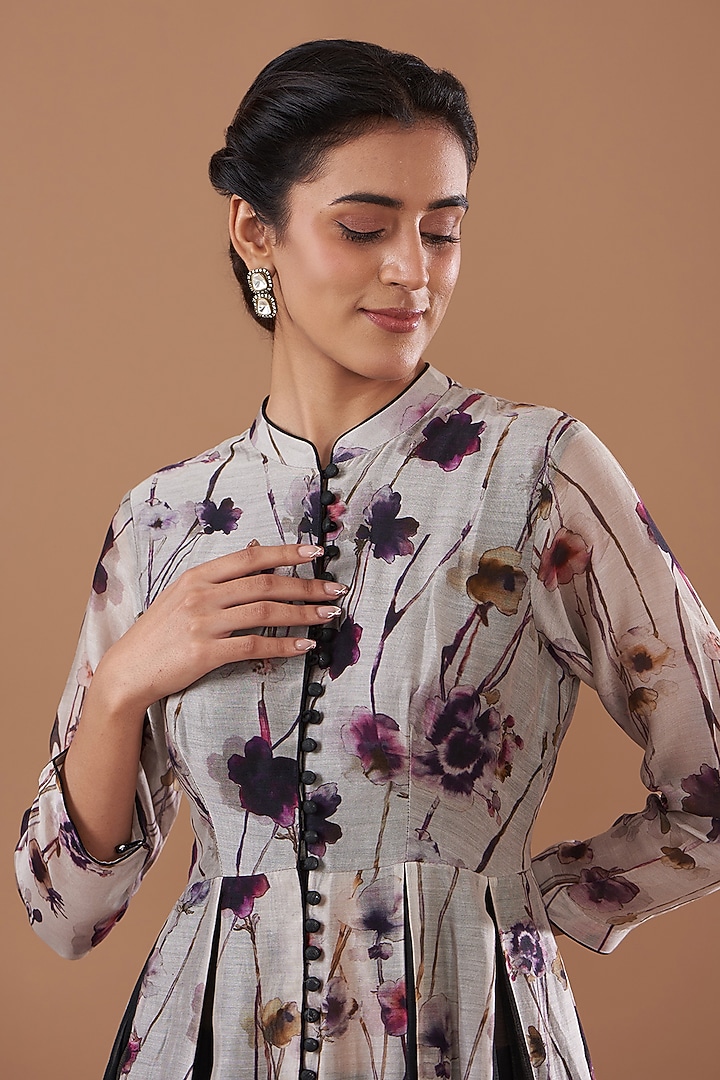 Ash Grey Chanderi Digital Printed Anarkali Set by GENDAPHOOL at Pernia's Pop Up Shop