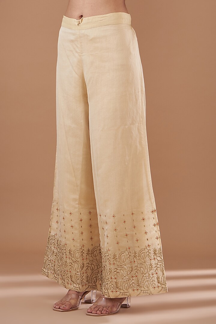 Beige Chanderi Zari Embroidered Kurta Set by GENDAPHOOL at Pernia's Pop Up Shop