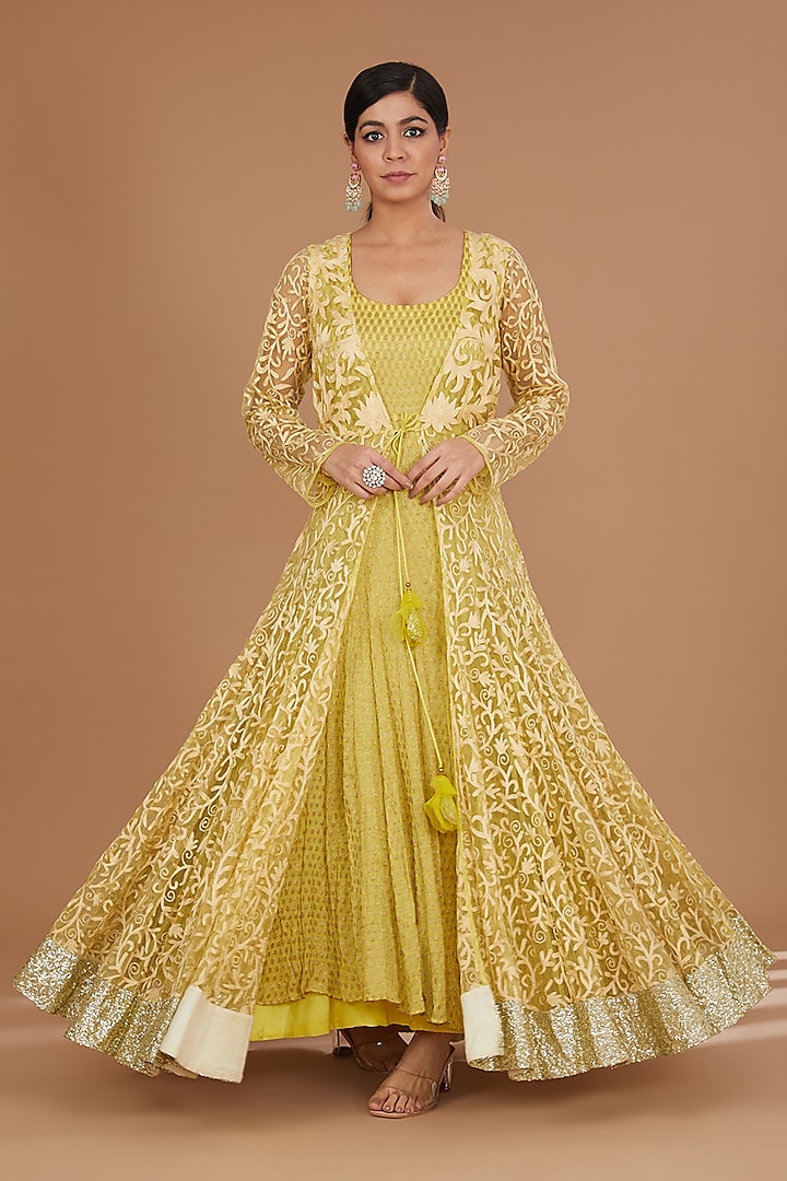 Lime Green Net & Georgette Aari Embroidered Anarkali With Attached Jacket by GENDAPHOOL