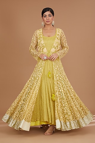 Lime Green Net & Georgette Aari Embroidered Anarkali With Attached Jacket by GENDAPHOOL