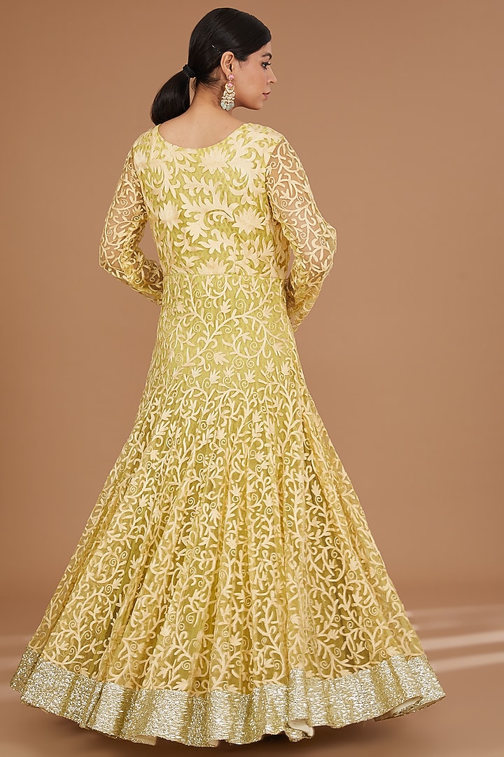 Lime Green Net & Georgette Aari Embroidered Party Wear Anarkali With Attached Jacket by GENDAPHOOL at Pernia's Pop Up Shop