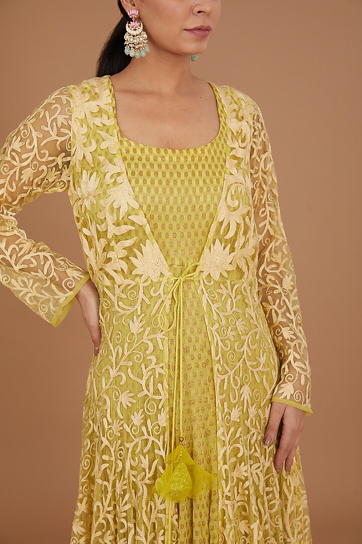 Lime Green Net & Georgette Aari Embroidered Party Wear Anarkali With Attached Jacket by GENDAPHOOL at Pernia's Pop Up Shop