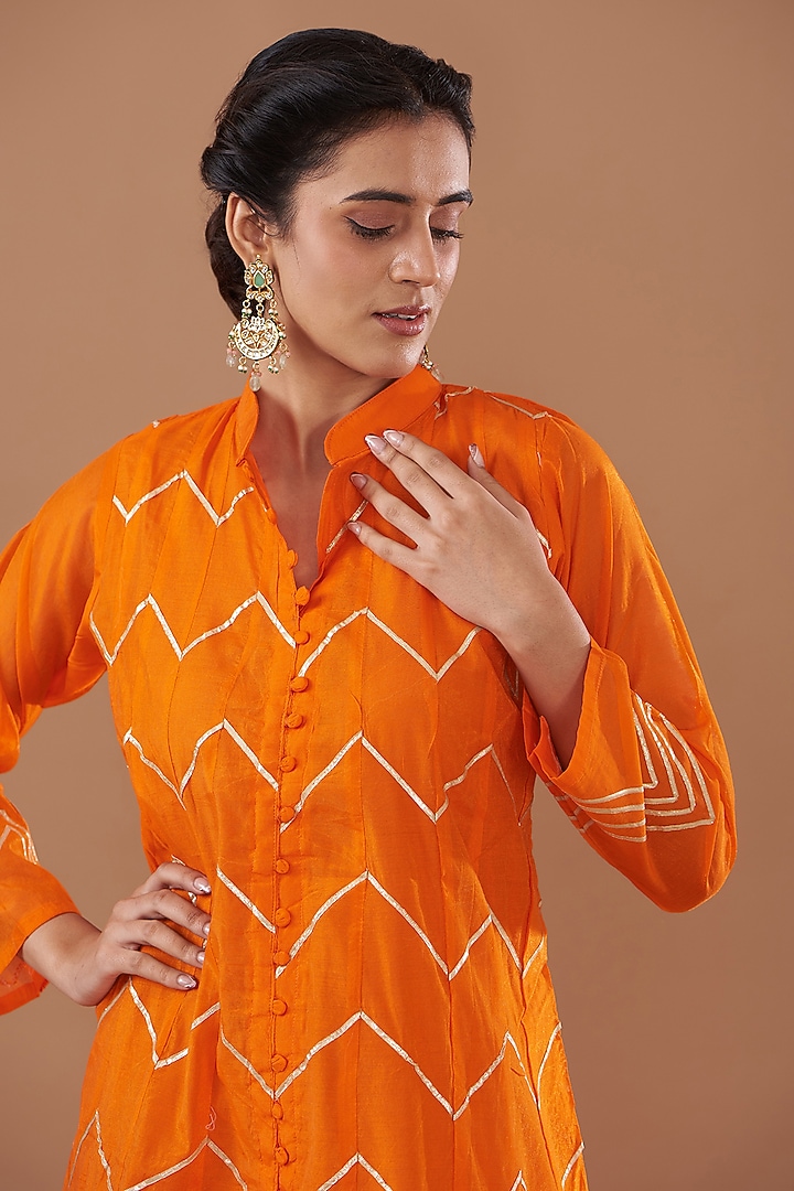 Orange Chanderi Gota Embroidered Anarkali Set by GENDAPHOOL at Pernia's Pop Up Shop