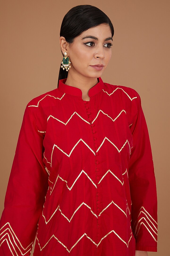 Red Chanderi Gota Anarkali by GENDAPHOOL at Pernia's Pop Up Shop