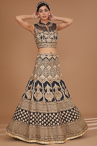 Navy Blue Georgette Zari & Thread Embellished Lehenga Set by GENDAPHOOL