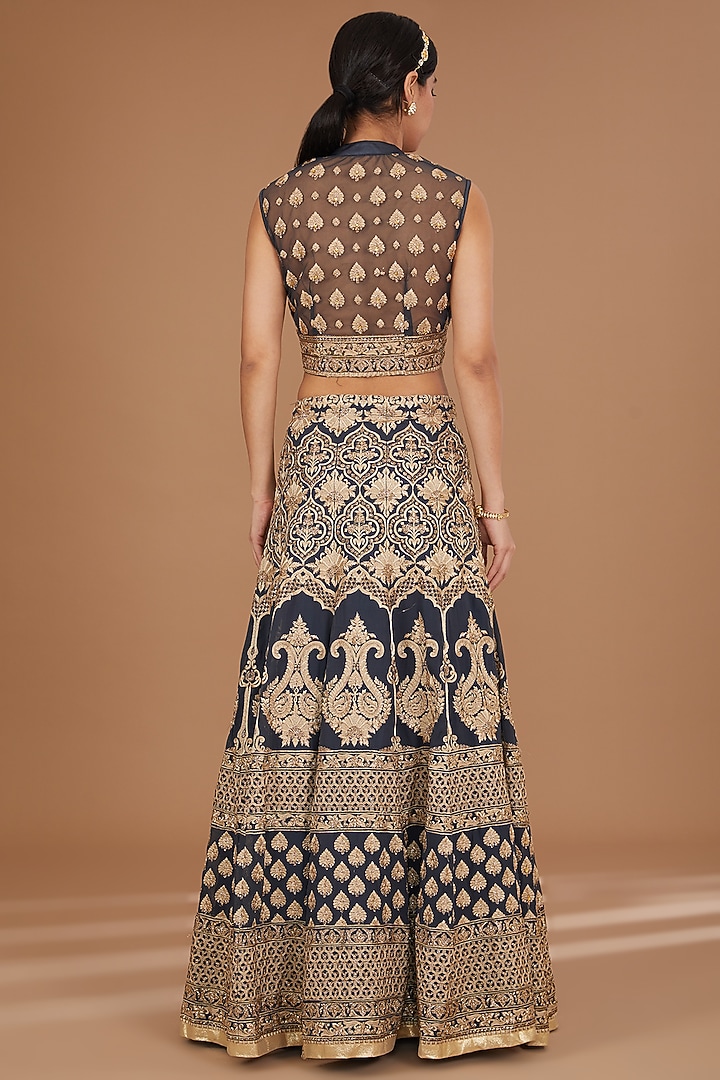 Navy Blue Georgette Zari & Thread Embellished Lehenga Set by GENDAPHOOL at Pernia's Pop Up Shop