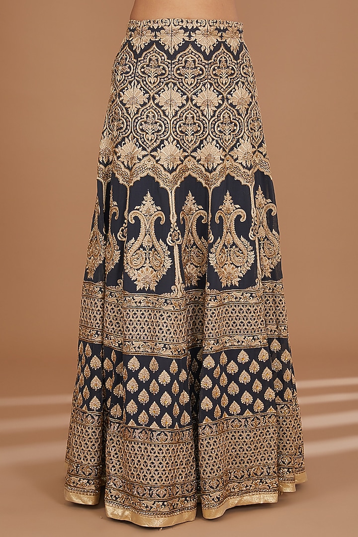 Navy Blue Georgette Zari & Thread Embellished Lehenga Set by GENDAPHOOL at Pernia's Pop Up Shop