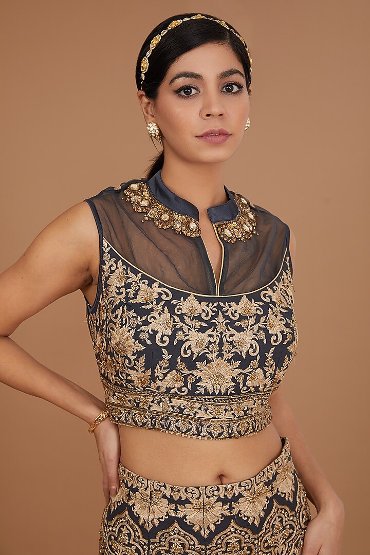 Navy Blue Georgette Zari & Thread Embellished Lehenga Set by GENDAPHOOL at Pernia's Pop Up Shop