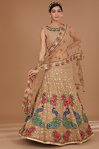 Beige Georgette & Net Hand Embellished Lehenga Set by GENDAPHOOL