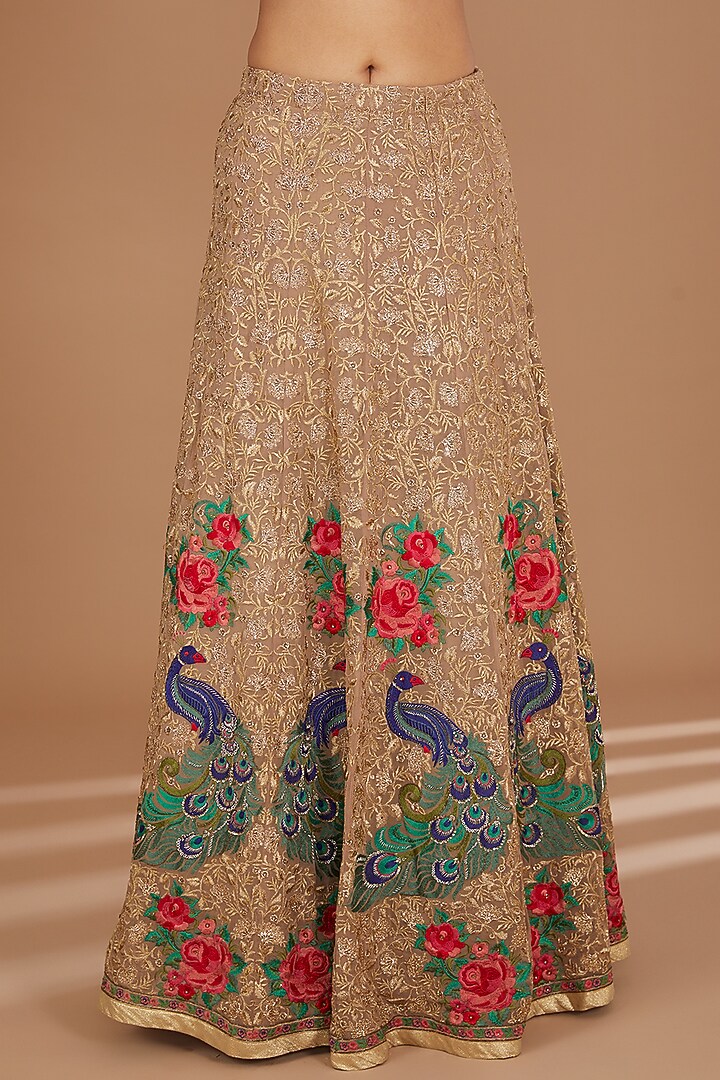 Beige Georgette & Net Hand Embellished Lehenga Set by GENDAPHOOL at Pernia's Pop Up Shop