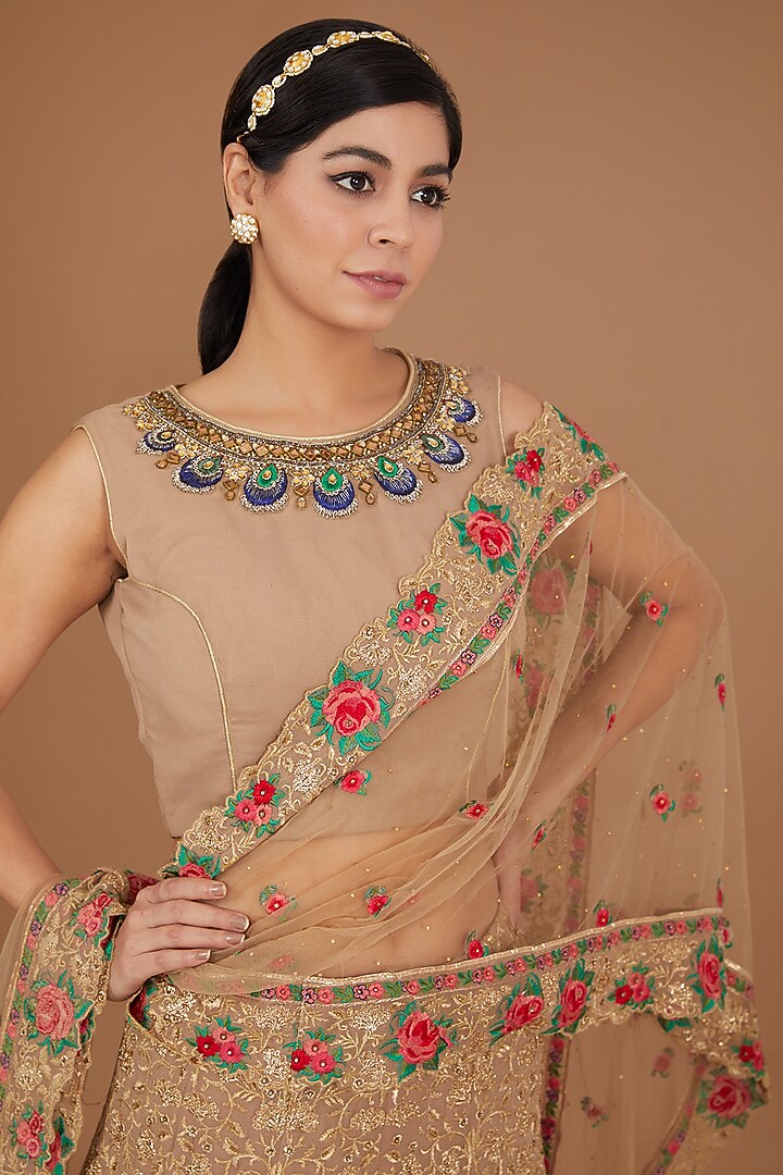 Beige Georgette & Net Hand Embellished Lehenga Set by GENDAPHOOL at Pernia's Pop Up Shop