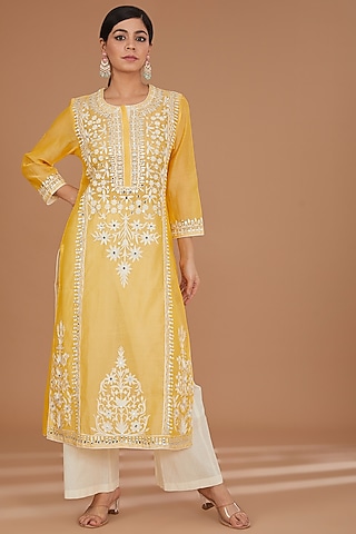 Yellow Chanderi & Cotton Mirror Embroidered Kurta Set by GENDAPHOOL
