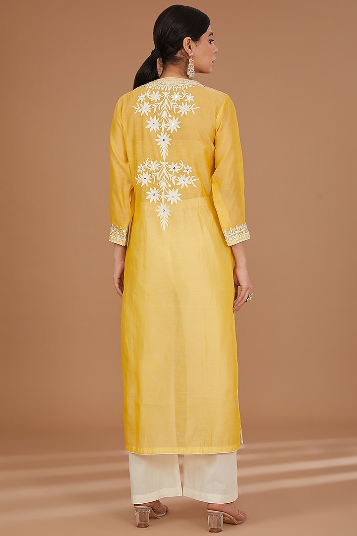 Yellow Chanderi & Cotton Mirror Embroidered Kurta Set by GENDAPHOOL at Pernia's Pop Up Shop