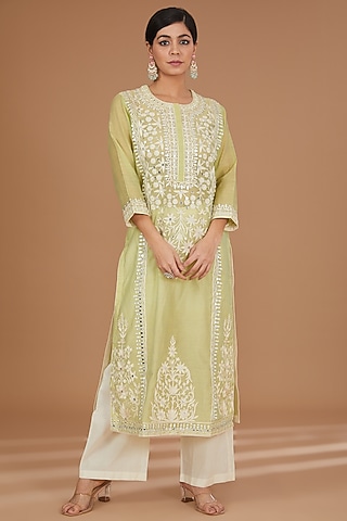 Lime Green Chanderi & Cotton Aari Embroidered Kurta Set by GENDAPHOOL