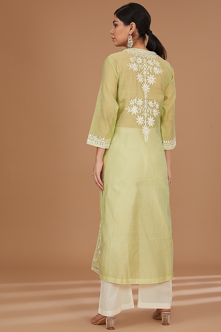 Lime Green Chanderi & Cotton Aari Embroidered Kurta Set by GENDAPHOOL at Pernia's Pop Up Shop