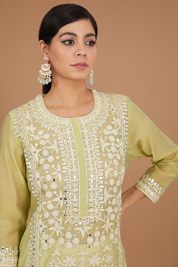 Lime Green Chanderi & Cotton Aari Embroidered Kurta Set by GENDAPHOOL at Pernia's Pop Up Shop