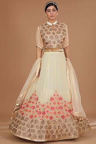 Cream Georgette & Net Zari Embroidered Lehenga Set by GENDAPHOOL