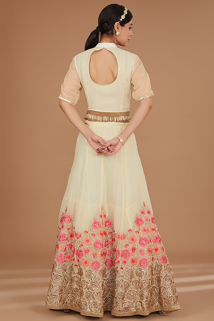 Cream Georgette & Net Zari Embroidered Lehenga Set by GENDAPHOOL at Pernia's Pop Up Shop