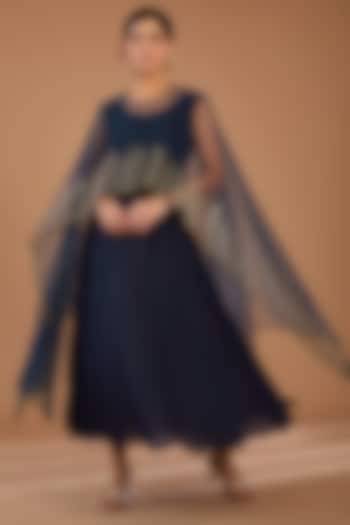 Navy Blue Georgette & Net Embellished Layered Cape Summer Dress by GENDAPHOOL at Pernia's Pop Up Shop