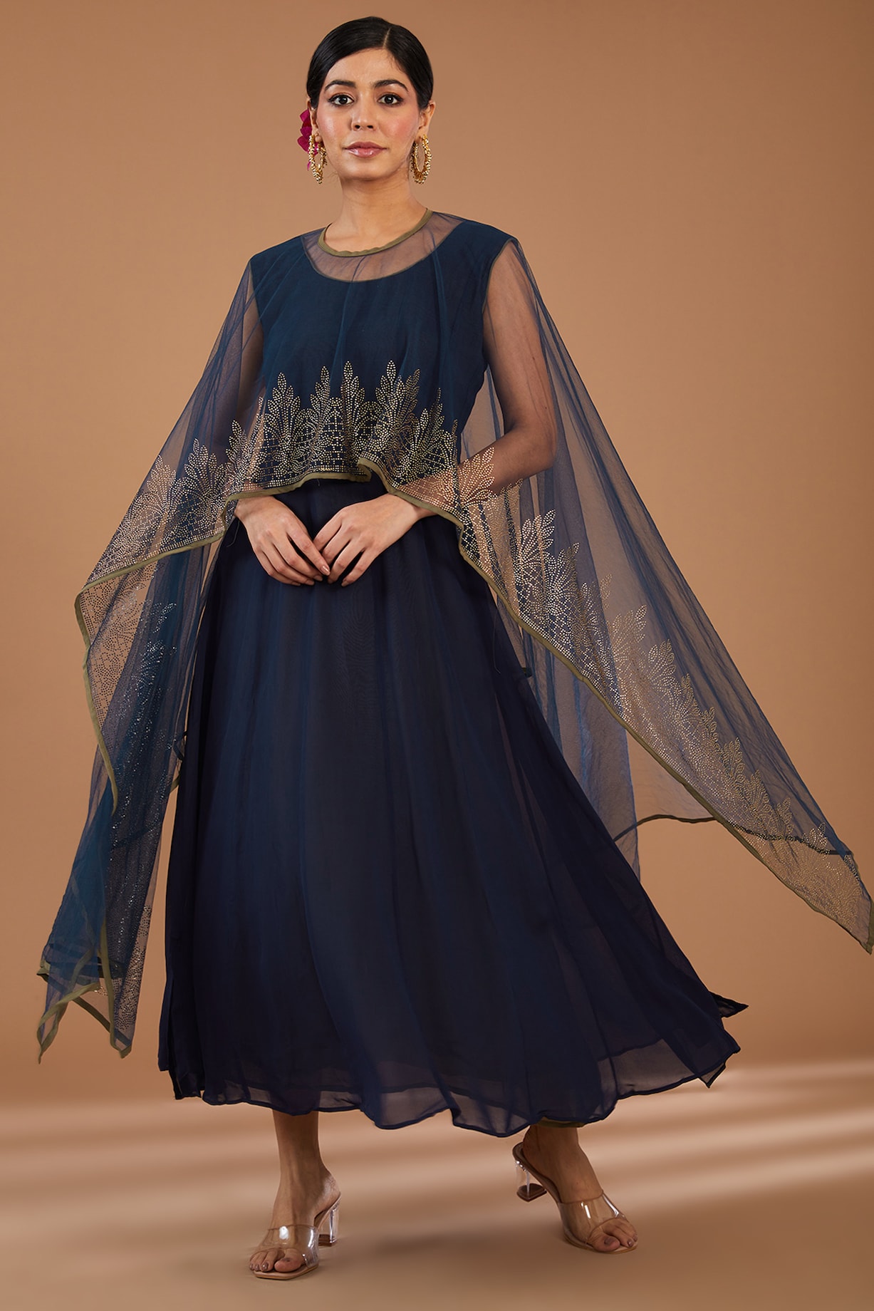 Navy Blue Georgette & Net Embellished Layered Cape Dress by GENDAPHOOL at  Pernia's Pop Up Shop 2026