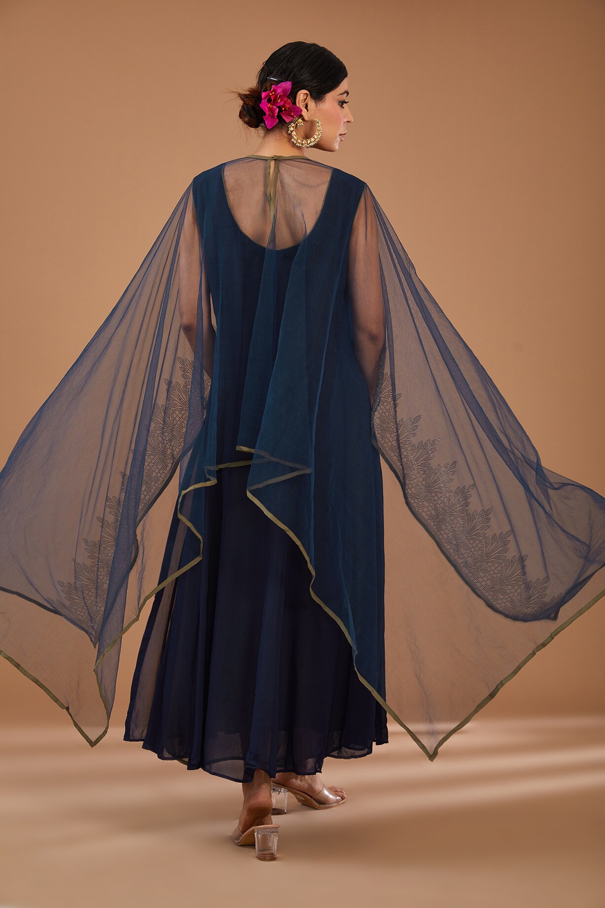 Navy Blue Georgette & Net Embellished Layered Cape Dress by GENDAPHOOL at  Pernia's Pop Up Shop 2026