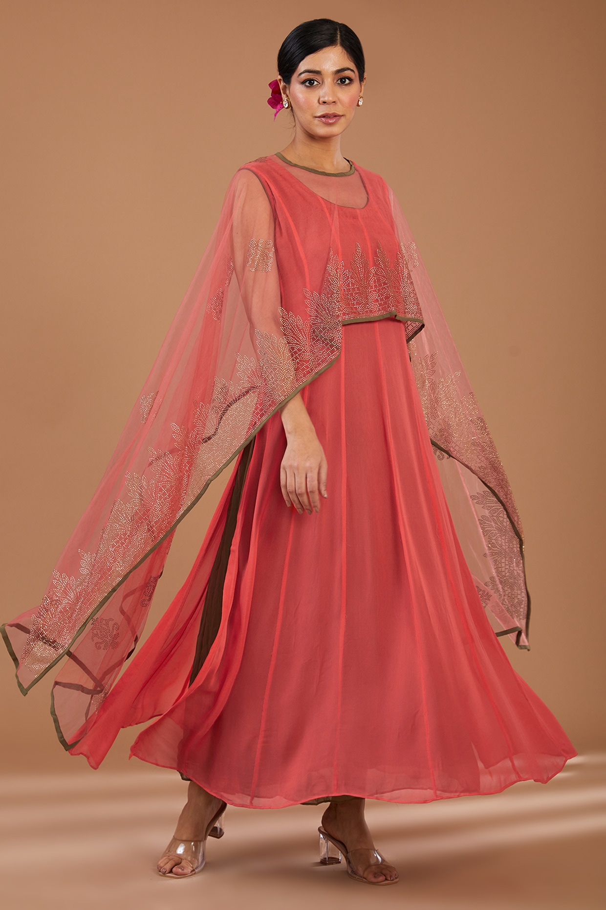 Deep Peach Georgette & Net Embellished Layered Cape Dress Design ...