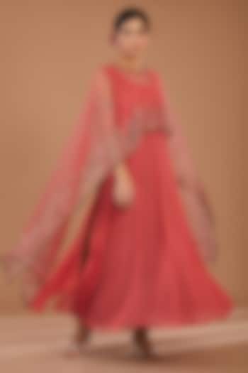 Deep Peach Georgette & Net Embellished Layered Cape Summer Dress by GENDAPHOOL at Pernia's Pop Up Shop