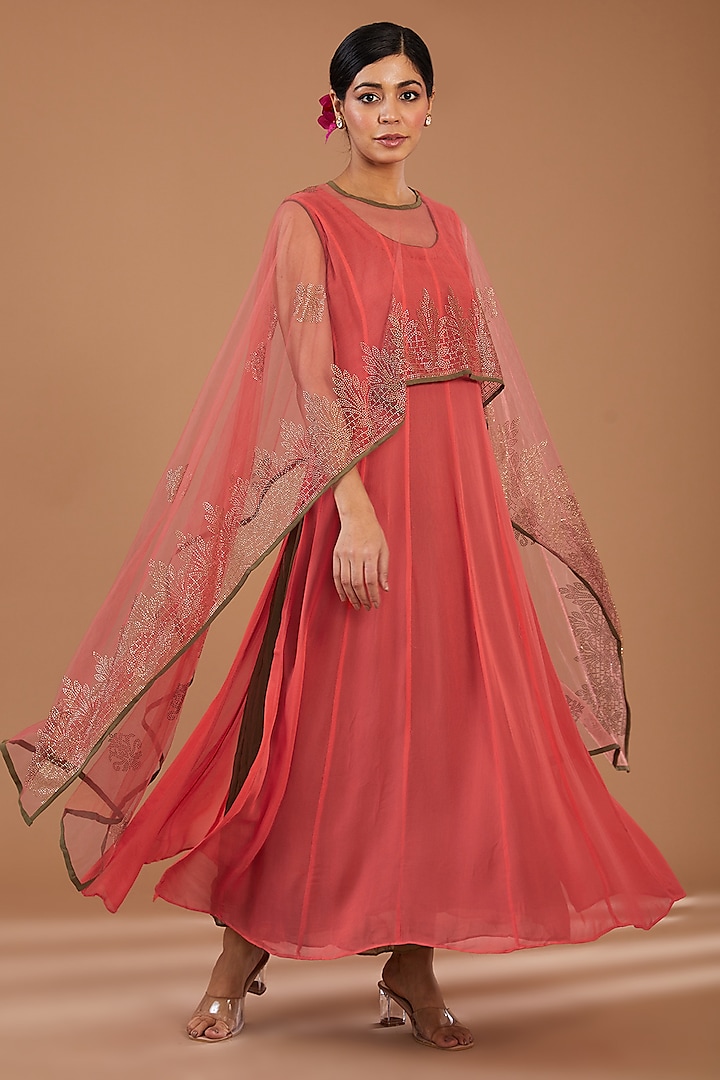 Deep Peach Georgette & Net Embellished Layered Cape Summer Dress by GENDAPHOOL at Pernia's Pop Up Shop