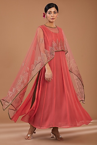 Deep Peach Georgette & Net Embellished Layered Cape Dress by GENDAPHOOL