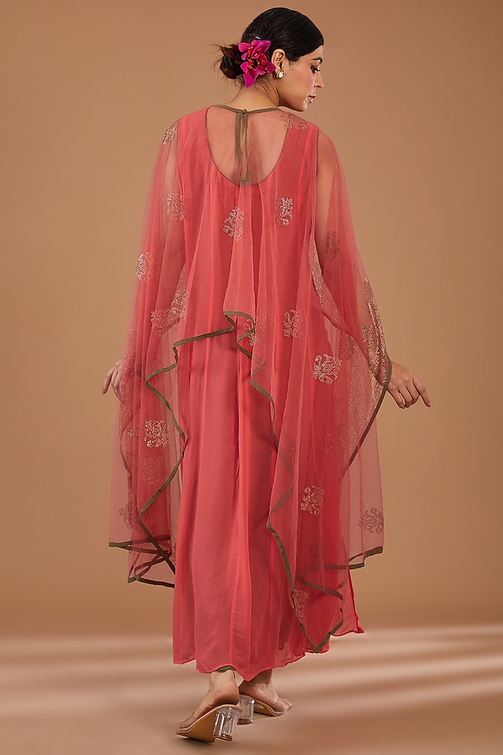 Deep Peach Georgette & Net Embellished Layered Cape Summer Dress by GENDAPHOOL at Pernia's Pop Up Shop