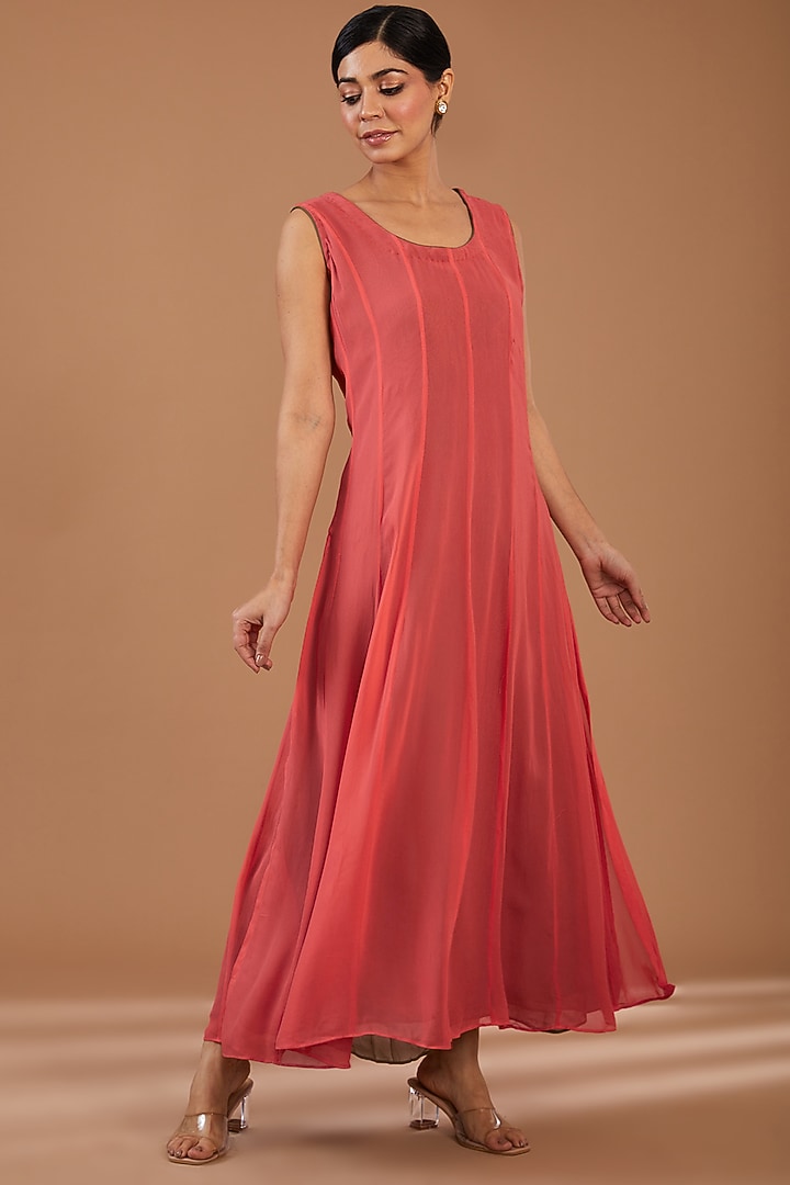 Deep Peach Georgette & Net Embellished Layered Cape Summer Dress by GENDAPHOOL at Pernia's Pop Up Shop
