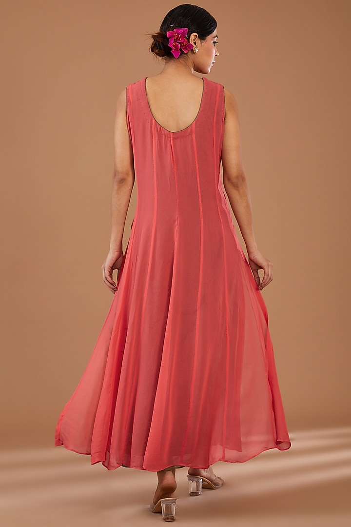 Deep Peach Georgette & Net Embellished Layered Cape Summer Dress by GENDAPHOOL at Pernia's Pop Up Shop