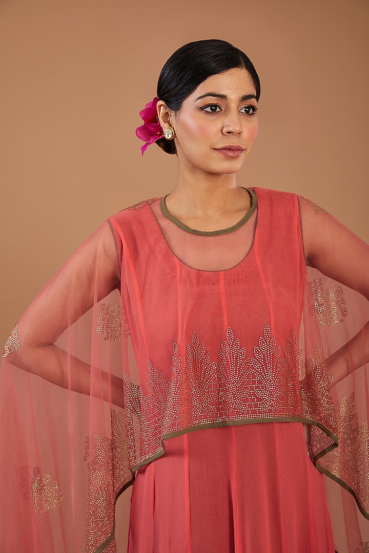 Deep Peach Georgette & Net Embellished Layered Cape Summer Dress by GENDAPHOOL at Pernia's Pop Up Shop
