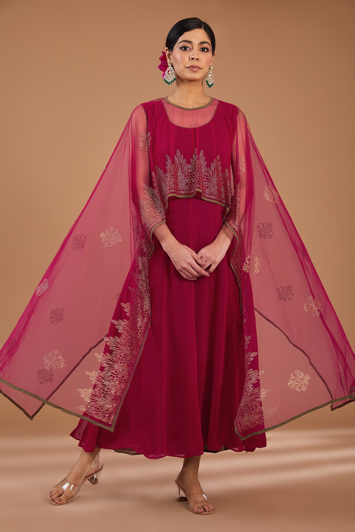 Plum Red Georgette & Net Embellished Layered Cape Dress Design by ...