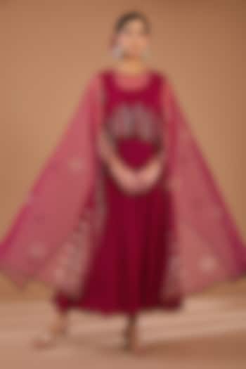 Plum Red Georgette & Net Embellished Layered Cape Summer Dress by GENDAPHOOL at Pernia's Pop Up Shop