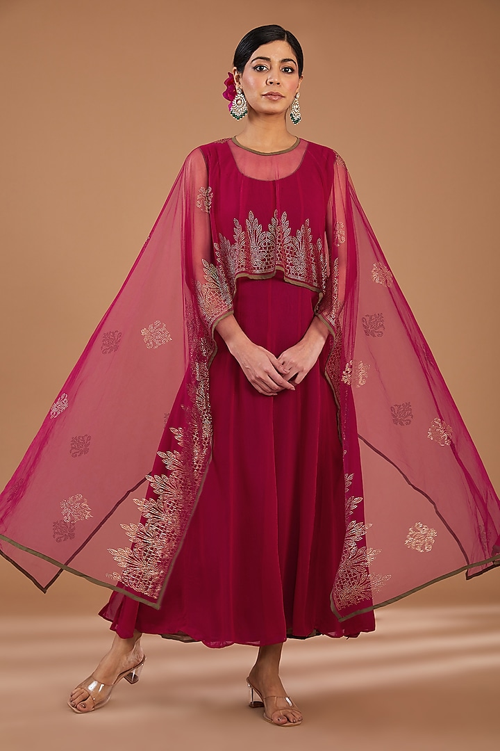 Plum Red Georgette & Net Embellished Layered Cape Summer Dress by GENDAPHOOL at Pernia's Pop Up Shop