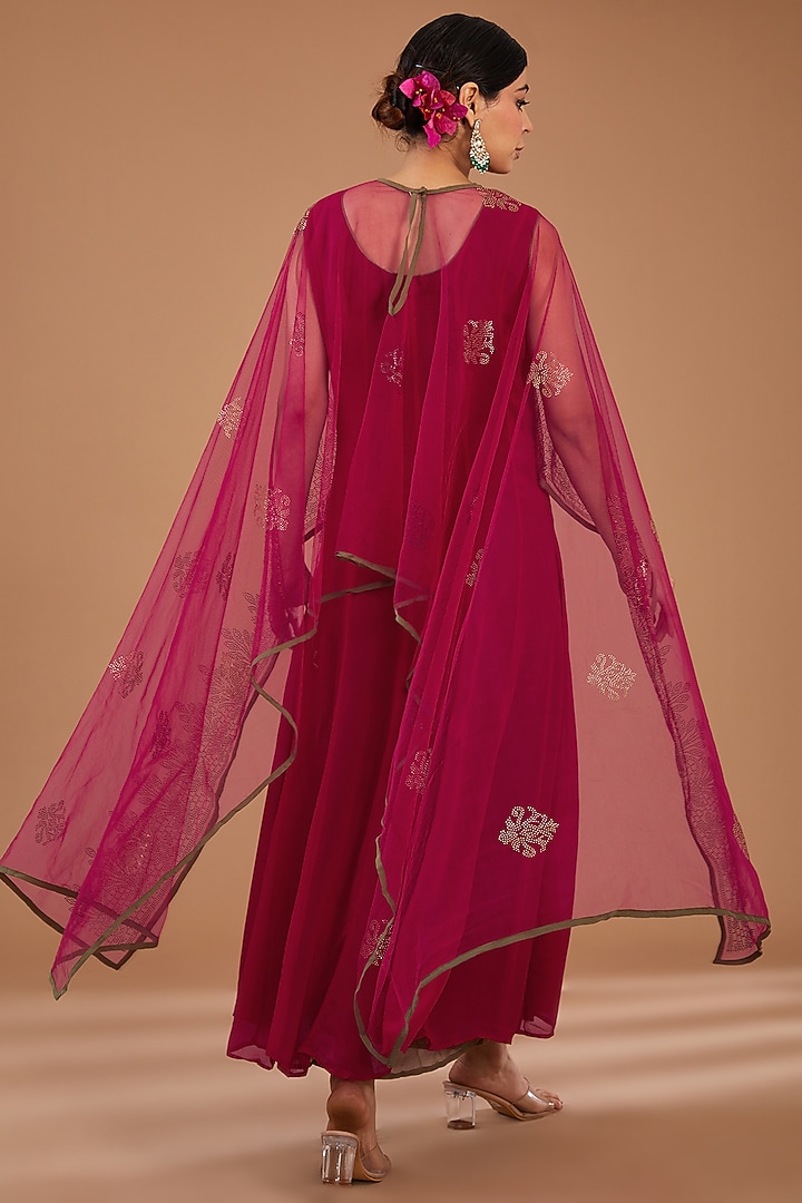 Plum Red Georgette & Net Embellished Layered Cape Summer Dress by GENDAPHOOL at Pernia's Pop Up Shop