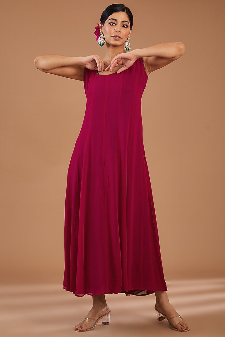 Plum Red Georgette & Net Embellished Layered Cape Summer Dress by GENDAPHOOL at Pernia's Pop Up Shop