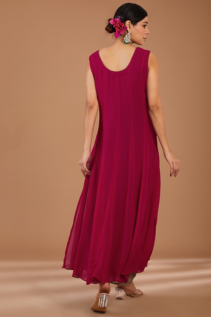 Plum Red Georgette & Net Embellished Layered Cape Summer Dress by GENDAPHOOL at Pernia's Pop Up Shop