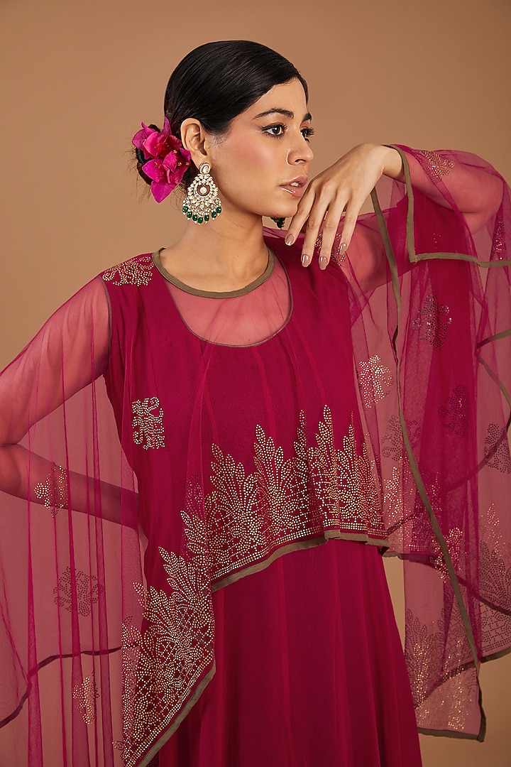 Plum Red Georgette & Net Embellished Layered Cape Summer Dress by GENDAPHOOL at Pernia's Pop Up Shop