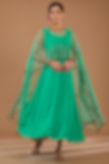 Sea Green Georgette & Net Embellished Layered Cape Summer Dress by GENDAPHOOL at Pernia's Pop Up Shop