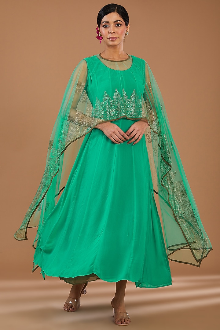 Sea Green Georgette & Net Embellished Layered Cape Summer Dress by GENDAPHOOL at Pernia's Pop Up Shop